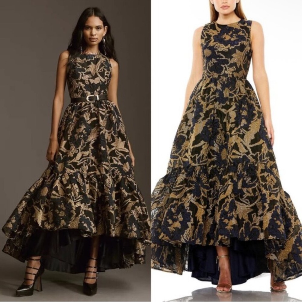 Mac Duggal Brocade Hi-Low Gown – Midnight Blue & Gold – Size 12 – NWT